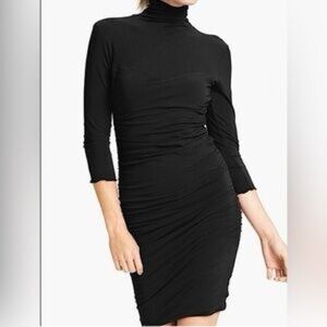 James Perse LBD Ruched Long Sleeve Little Black Dress Cotton Stretch Fine Knit
